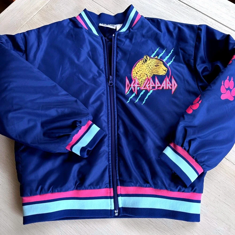 Kids Navy Blue/Purple Def Leppard 1980's Rock Paw Print Bomber Jacket Size 10 12